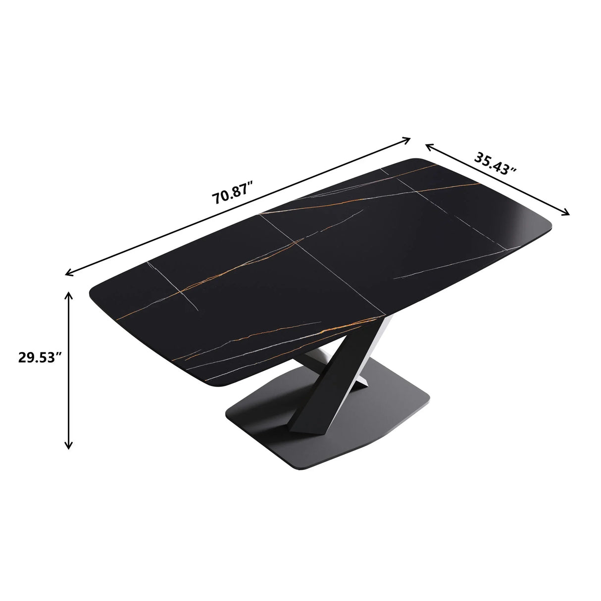 70.87" Modern Artificial Stone Black Curved Black Metal Leg Dining Table, Can Accommodate 6-8 People - Black - Furniture Home Direct