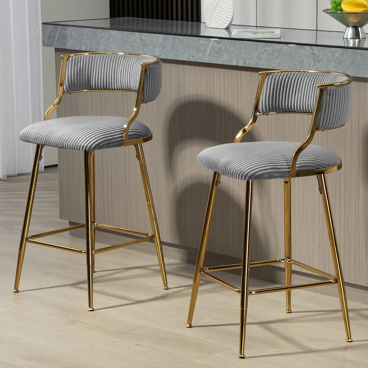 Bar Stools Counter Height With Gold Frames And Corduroy Gray - Furniture Home Direct