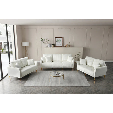 Modern Upholstered Living Room Set Containing One Sofa and Two Love Seats - Cream Velvet - Furniture Home Direct