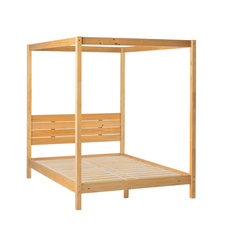 Queen Canopy Bed Frame Modern Minimalist Boho - Natural Pine - Furniture Home Direct