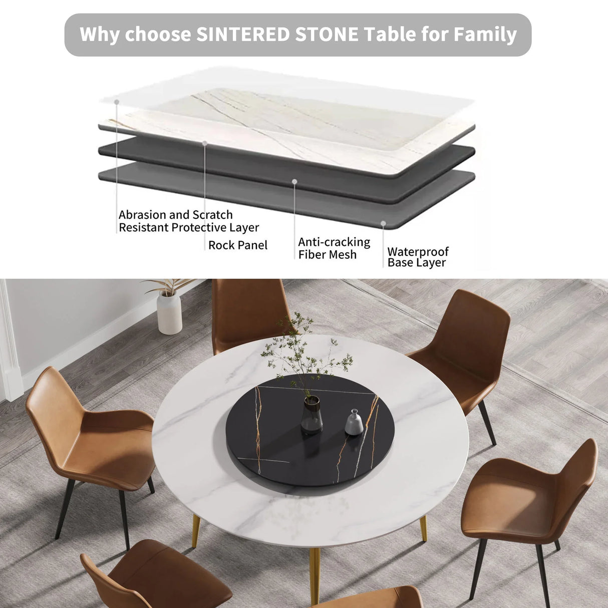 Modern Artificial Stone Round Dining Table, Can Accommodate 6 People Artificial Stone Turntable - Furniture Home Direct