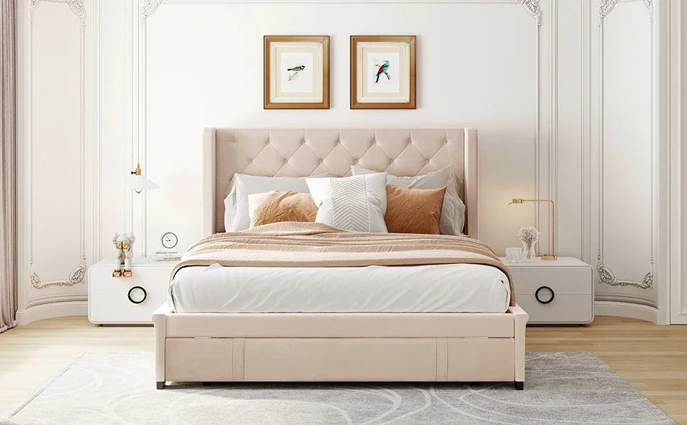 Storage Bed Velvet Upholstered Platform Bed With Wingback Headboard And A Big Drawer - Furniture Home Direct