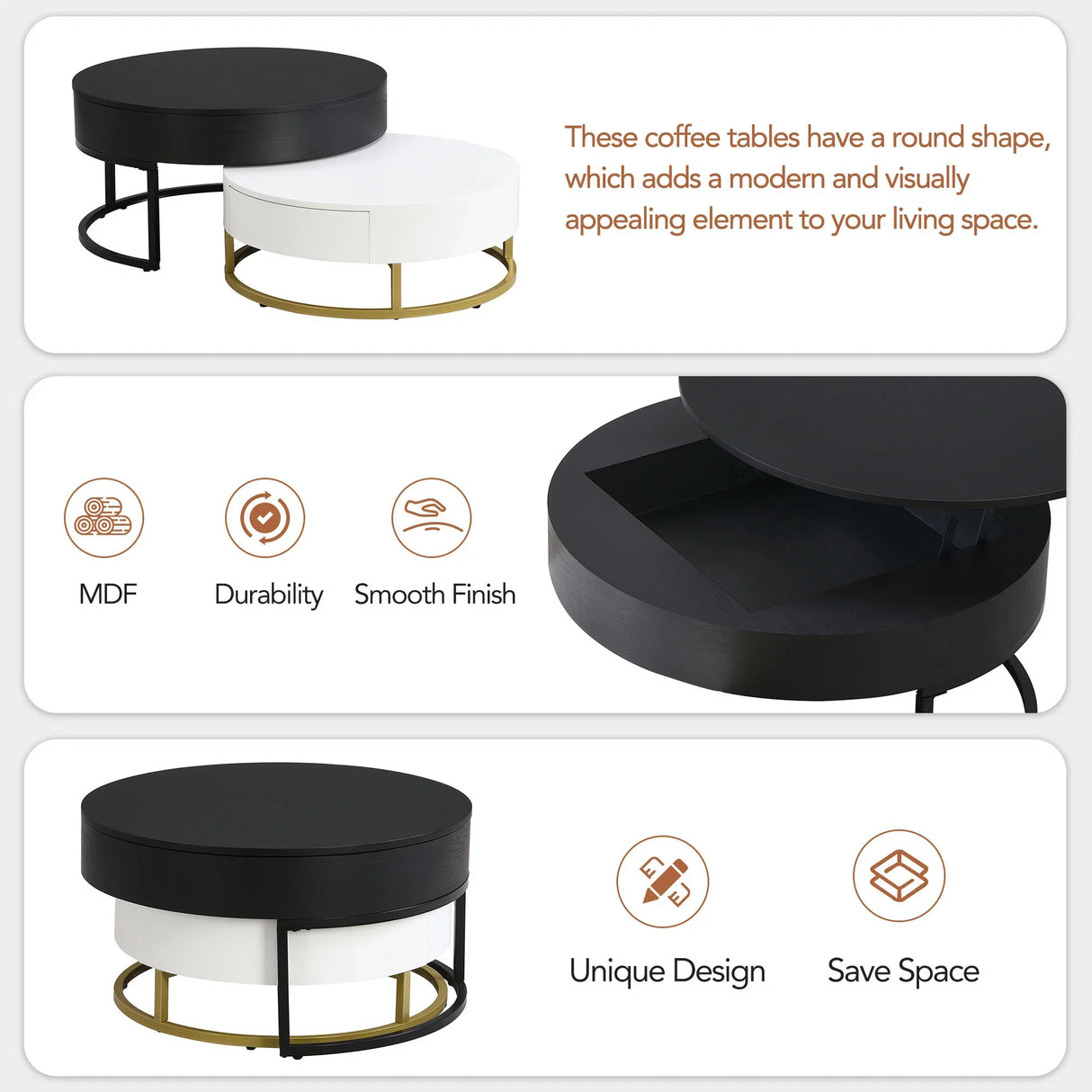 Nesting Coffee Tables Round Lift-Top Modern Black and White - Furniture Home Direct