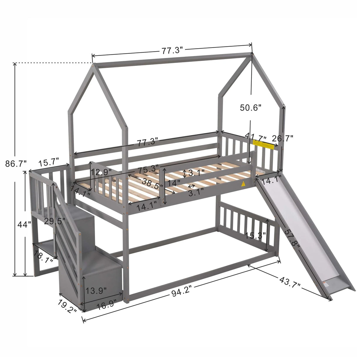 Twin Over Twin House Bunk Bed With Convertible Slide, Storage Staircase - Furniture Home Direct