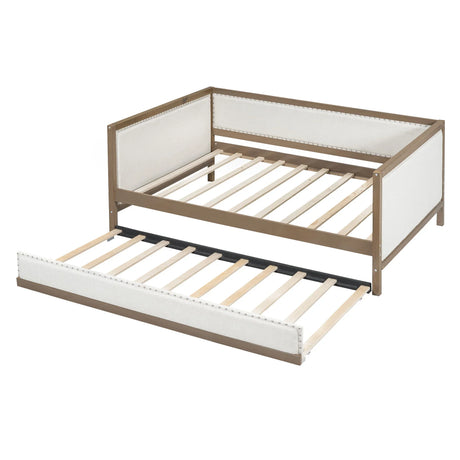 Full Size Daybed With Trundle And Nailhead Decoration - Wood - Furniture Home Direct