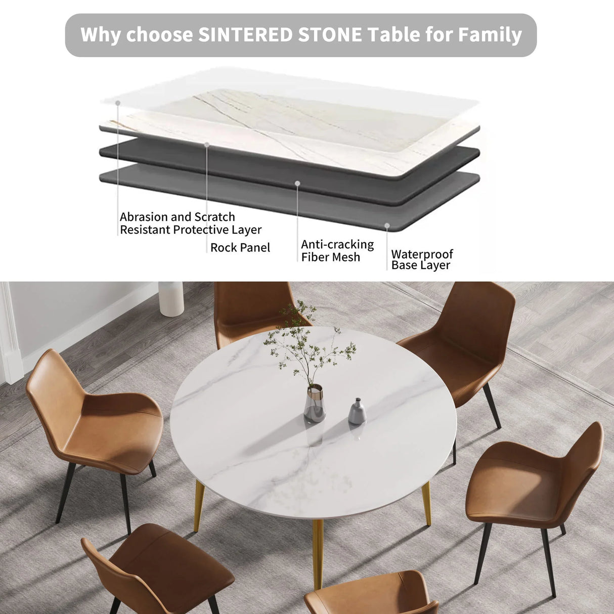 Modern Man-Made Stone Round Metal Dining Table-Position For 6 People - Furniture Home Direct