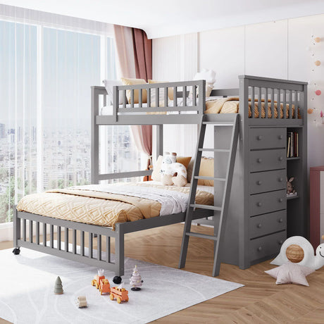 Bunk Bed With 6 Drawers And Flexible Shelves, Bottom Bed With Wheels - Furniture Home Direct