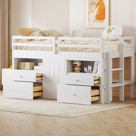 Loft Bed With 4 Drawers, Underneath Cabinet And Shelves - Furniture Home Direct