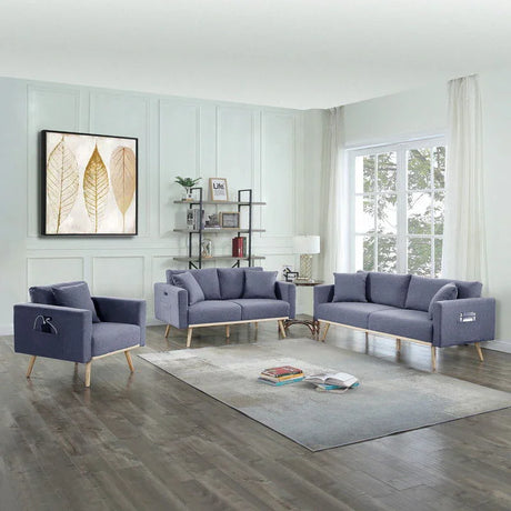 Easton - Linen Fabric Living Room Set With USB Charging Ports Pockets And Pillows (Set of 2) - Furniture Home Direct
