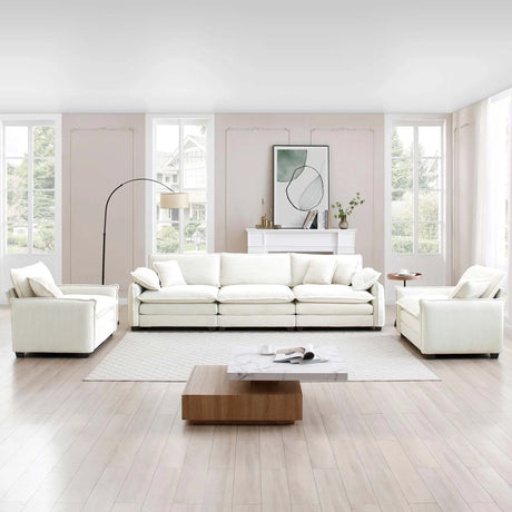 3 Piece Living Room Set with Soft Cushions and Pillows in Corduroy Fabric - Off White - Furniture Home Direct