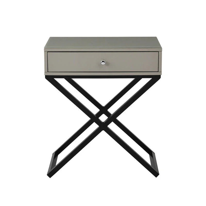 Koda - Wooden End Side Table Nightstand With Glass Top, Drawer And Metal Cross Base - Furniture Home Direct