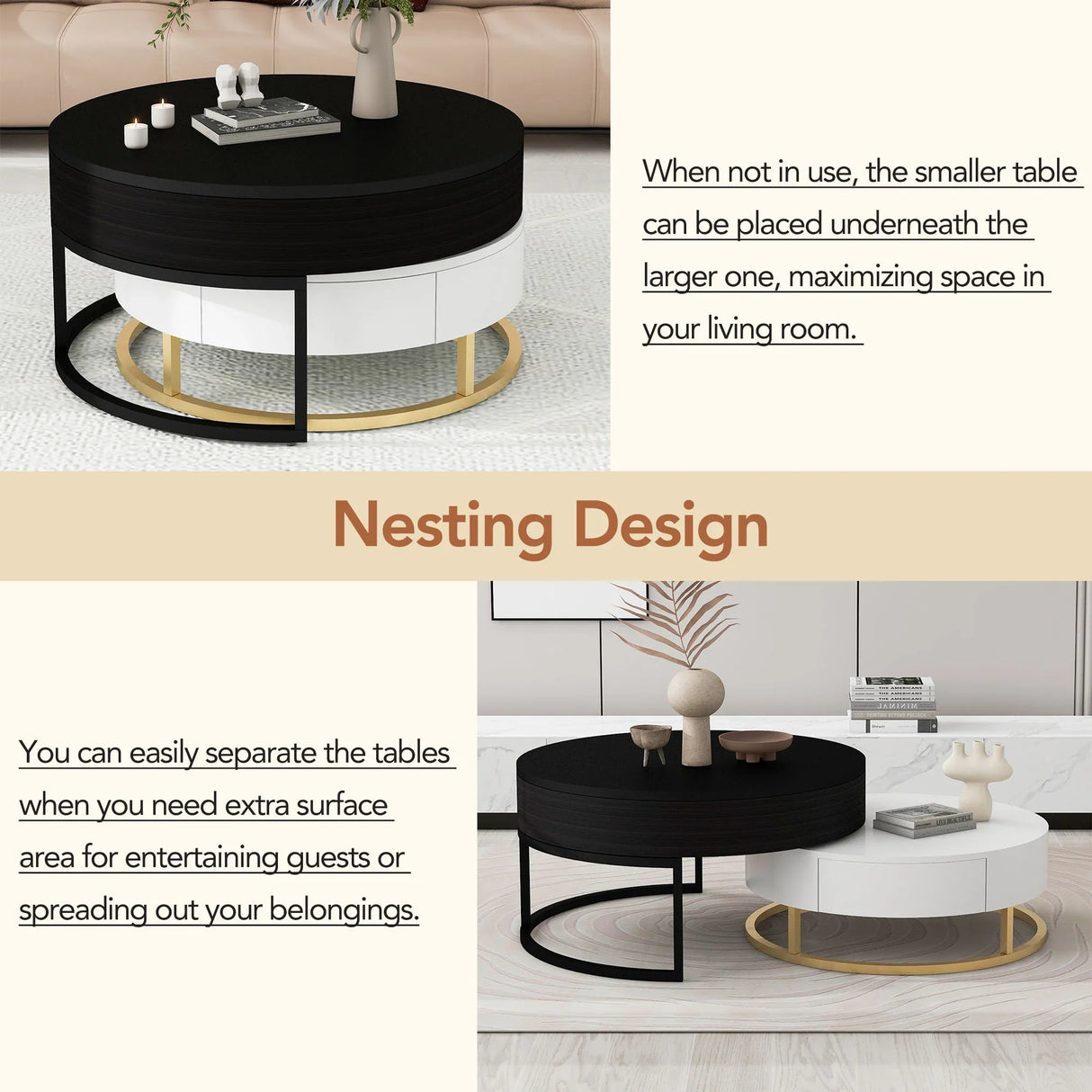 Nesting Coffee Tables Round Lift-Top Modern Black and White - Furniture Home Direct