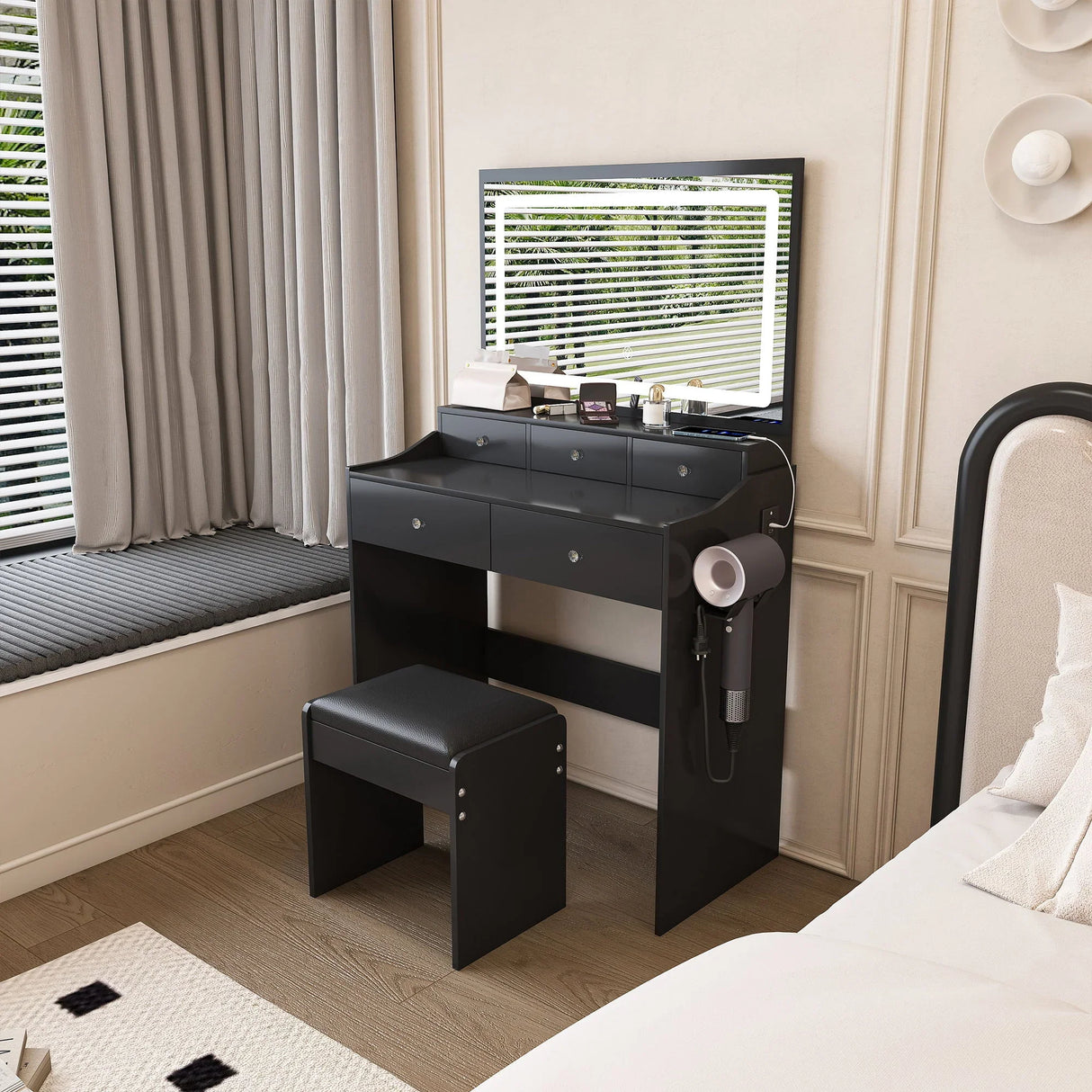 Modern Makeup Vanity Set With Power Outlet, Hair Dryer Holder, And Adjustable Lighting - Furniture Home Direct