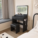 Modern Makeup Vanity Set With Power Outlet, Hair Dryer Holder, And Adjustable Lighting - Furniture Home Direct