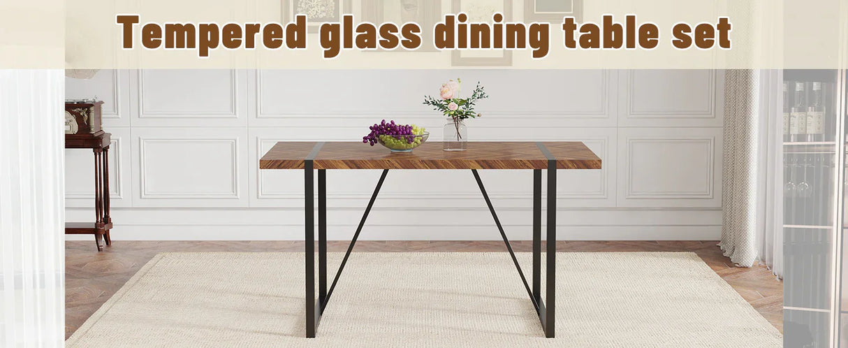 Dining Table Herringbone Wood Top And Metal Base Black - Furniture Home Direct