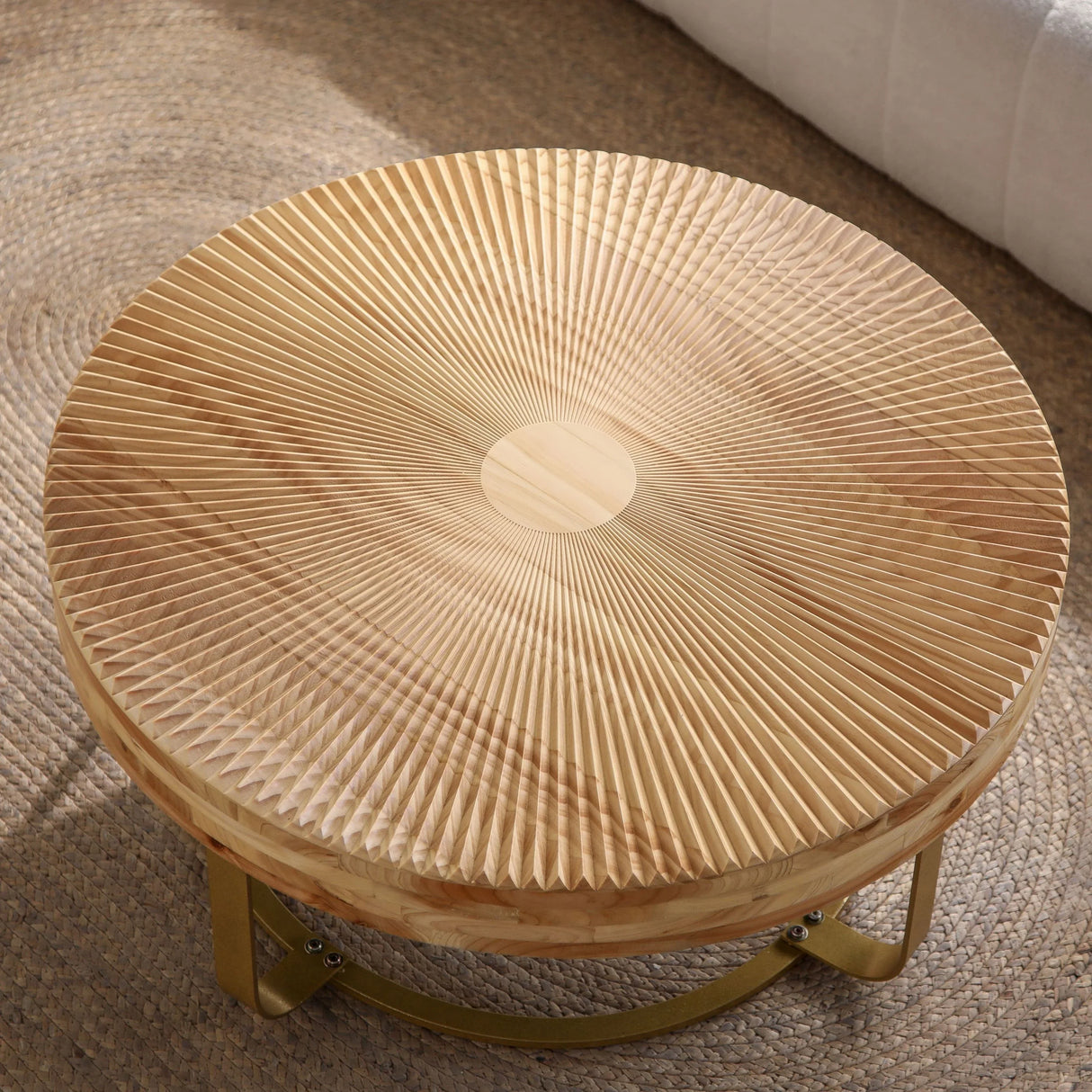Coffee Table Round Carved Sunburst Top Natural Gold - Furniture Home Direct