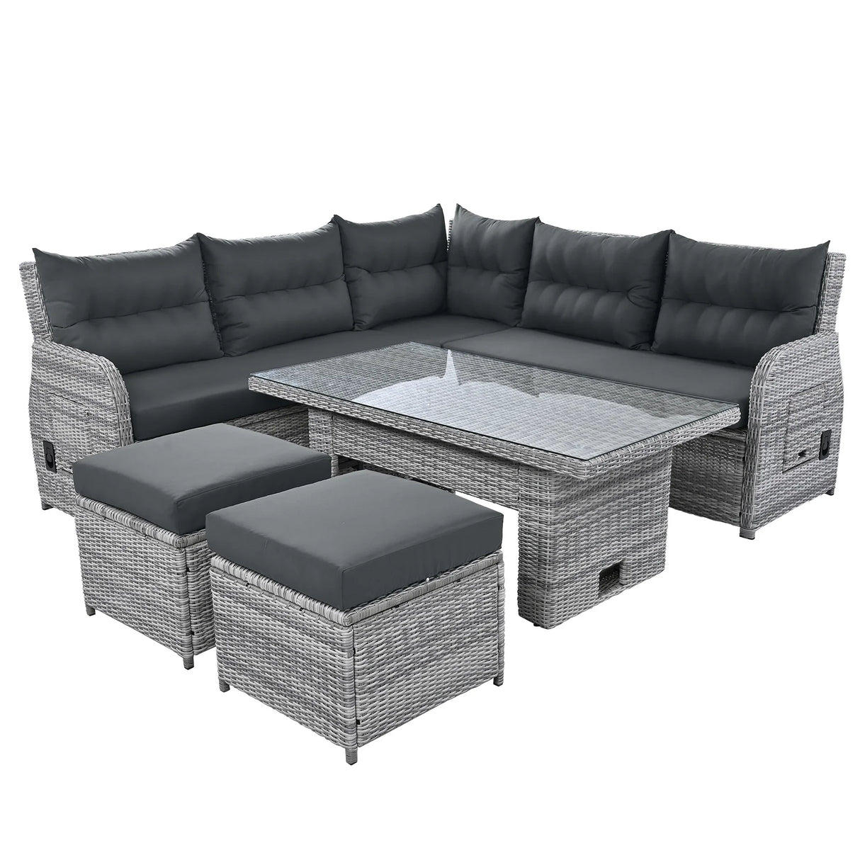 6 Piece Patio Set With An Adjustable Table, Recliners With Extendable Side Tables, And 2 Ottomans - Gray - Furniture Home Direct