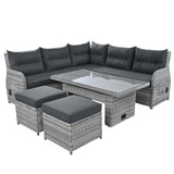 6 Piece Patio Set With An Adjustable Table, Recliners With Extendable Side Tables, And 2 Ottomans - Gray - Furniture Home Direct
