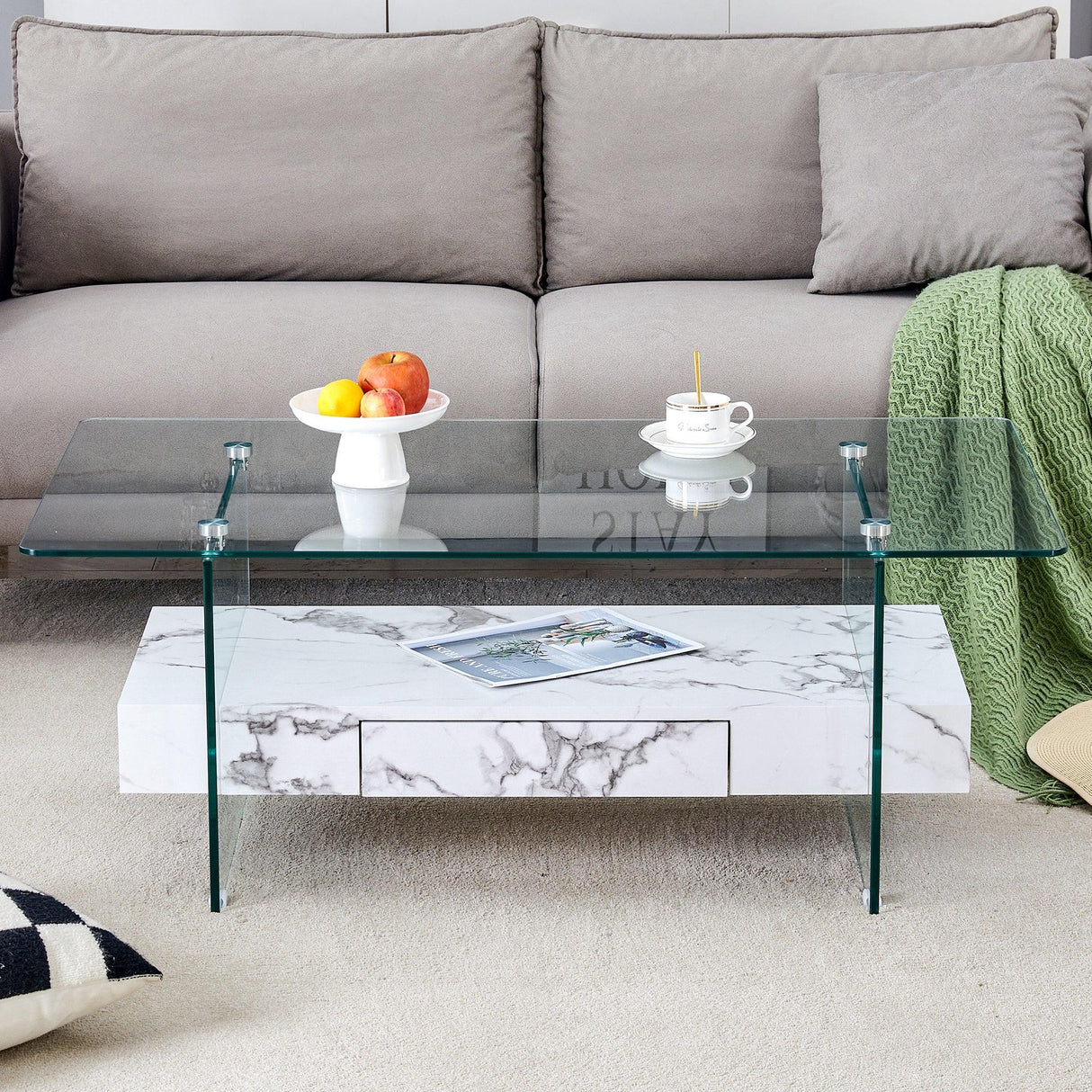 Coffee Table Glass Top Marble Base Modern Style White - Furniture Home Direct