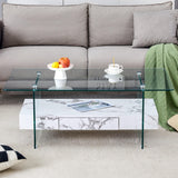 Coffee Table Glass Top Marble Base Modern Style White - Furniture Home Direct