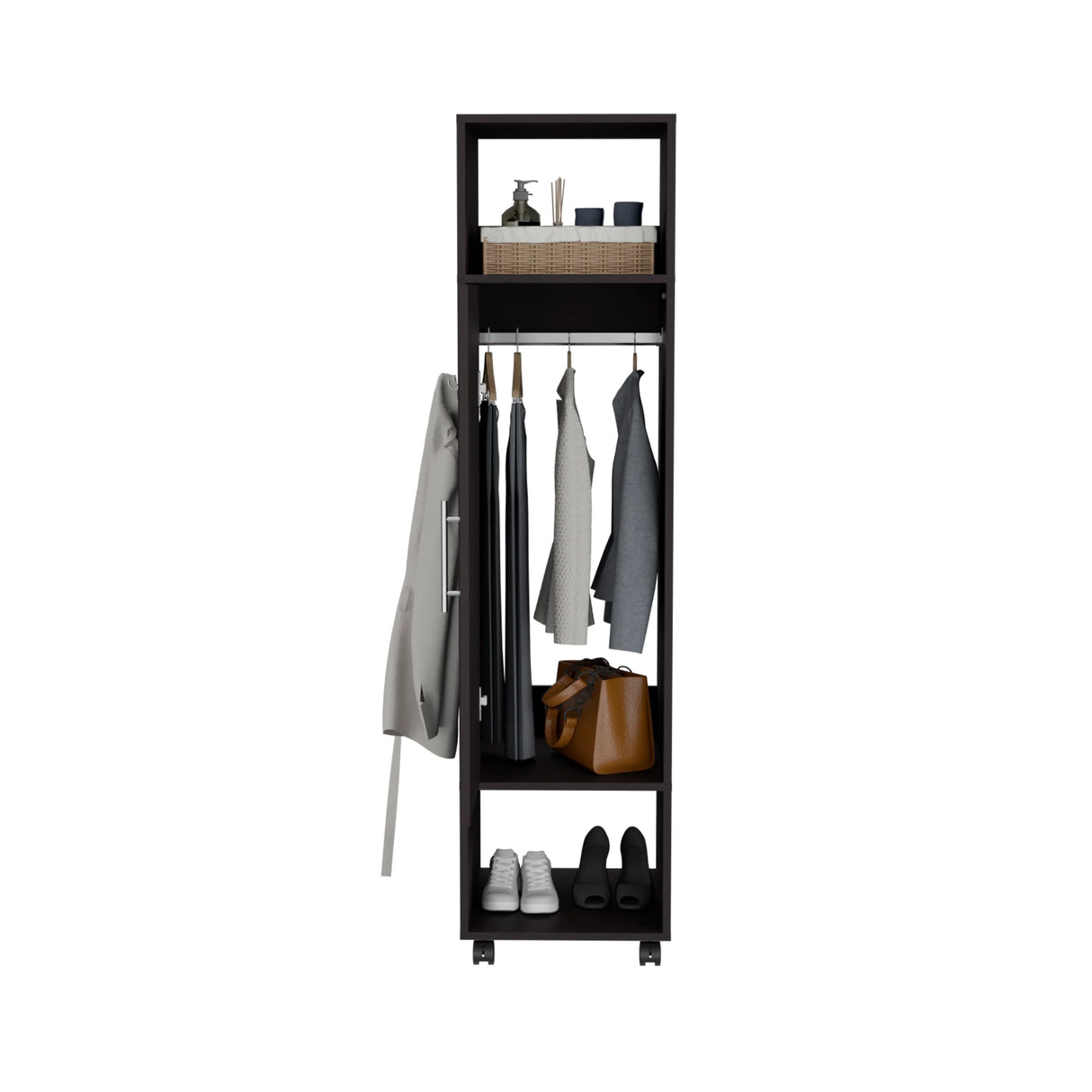 Wardrobe With Mirror and Hanging Rod on Casters Black - Furniture Home Direct