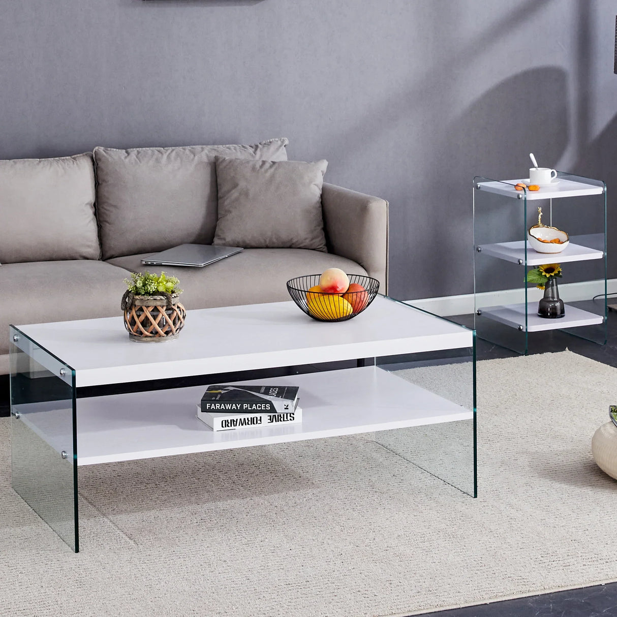 Coffee Table Three Tier MDF Glass Sides Shelves Modern White - Furniture Home Direct