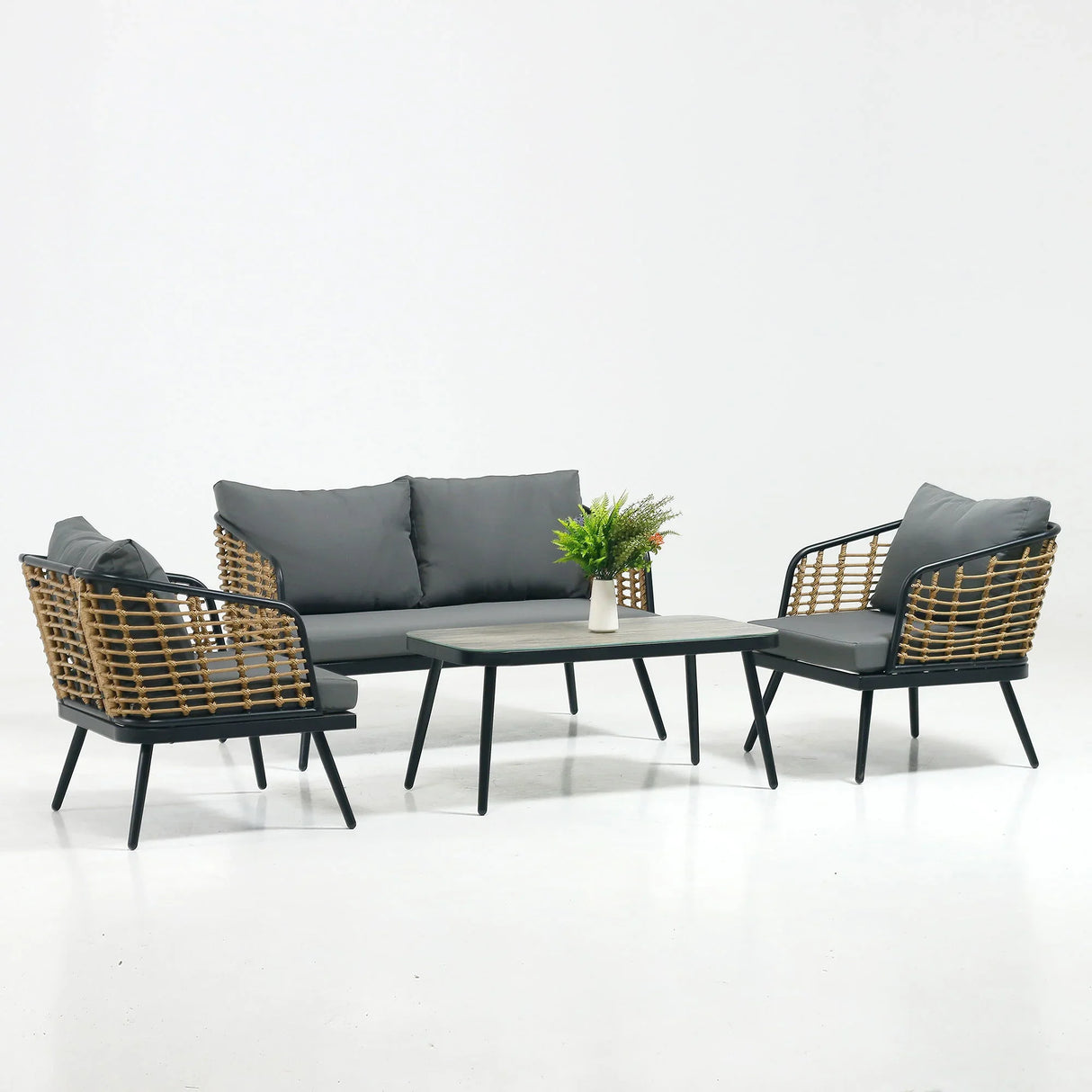 4 Pieces Patio Furniture Set, PE Rattan Wicker With Washable Cushion And Tempered Glass Tabletop, Conversation Furniture For Garden Poolside Balcony - Furniture Home Direct