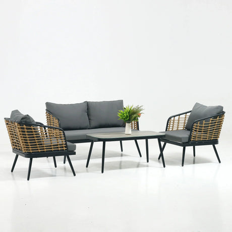 4 Pieces Patio Furniture Set, PE Rattan Wicker With Washable Cushion And Tempered Glass Tabletop, Conversation Furniture For Garden Poolside Balcony - Furniture Home Direct