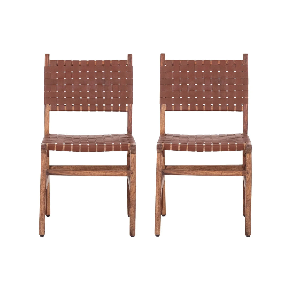 Rustic Wooden Dining Chair (Set of 2) With Genuine Leather Woven Upholstery - Brown - Furniture Home Direct
