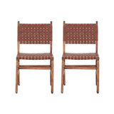 Rustic Wooden Dining Chair (Set of 2) With Genuine Leather Woven Upholstery - Brown - Furniture Home Direct
