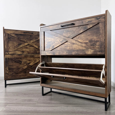 Shoe Storage Cabinet With 2 Flip Drawers, Freestanding Organizer With Metal Legs For Entryway, Narrow Shoe Rack Cabinet - Rustic Brown - Furniture Home Direct
