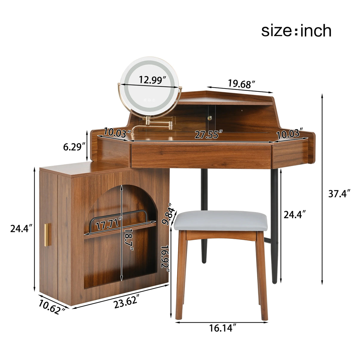 Vanity Desk With Mirror And LED Lights Elegant Walnut - Furniture Home Direct