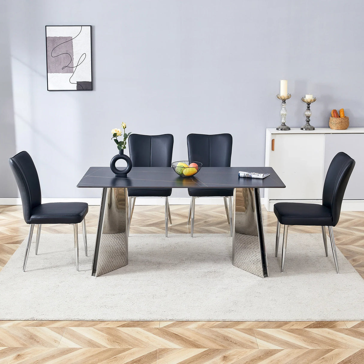Dining Set Faux Marble Table With Black Chairs Silver - Furniture Home Direct