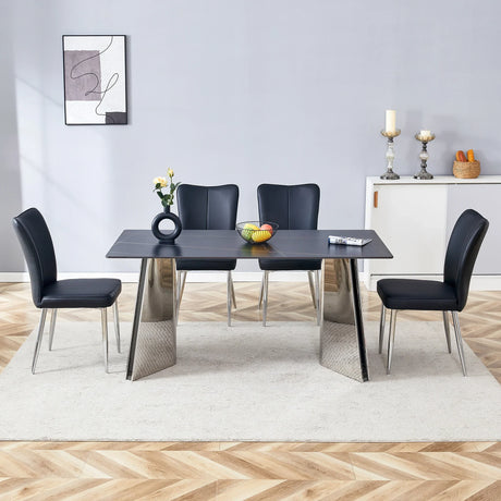 Dining Set Faux Marble Table With Black Chairs Silver - Furniture Home Direct