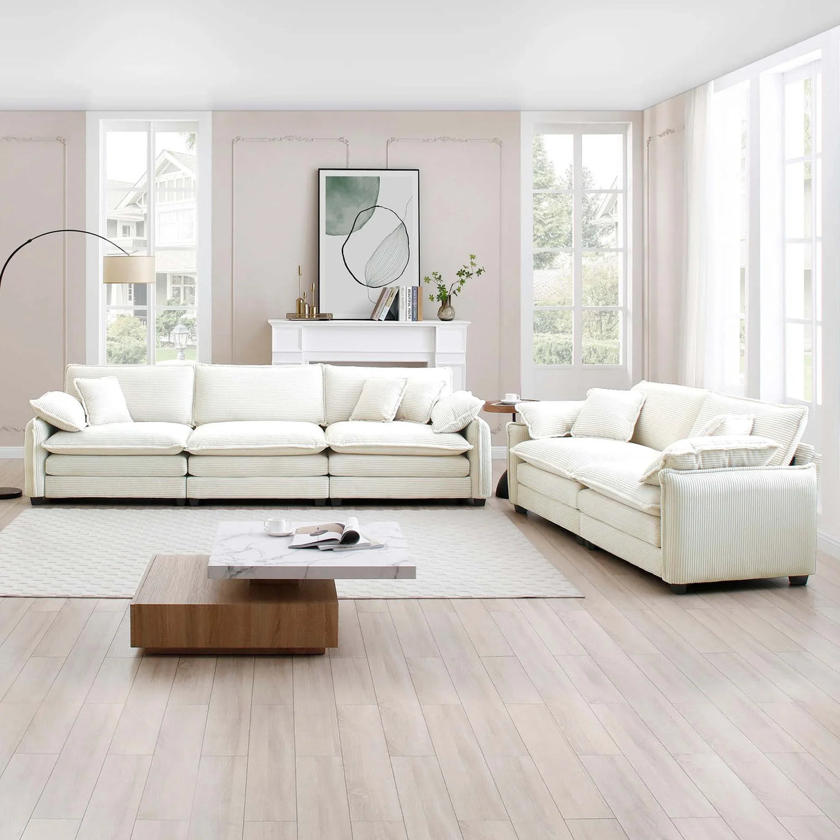 Corduroy 2 Piece Living Room Set - Off White - Furniture Home Direct