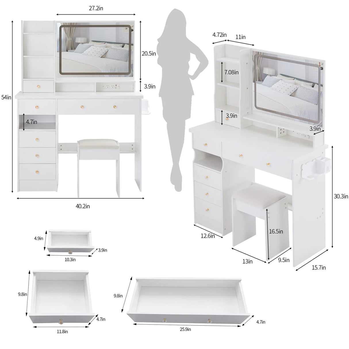 Vanity Desk Set With Cushioned Stool And Large Mirror White - Furniture Home Direct