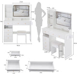 Vanity Desk Set With Cushioned Stool And Large Mirror White - Furniture Home Direct