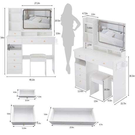 Vanity Desk Set With Cushioned Stool And Large Mirror White - Furniture Home Direct