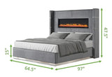 Queen Bed Upholstered With Fireplace LED Velvet Gray - Furniture Home Direct