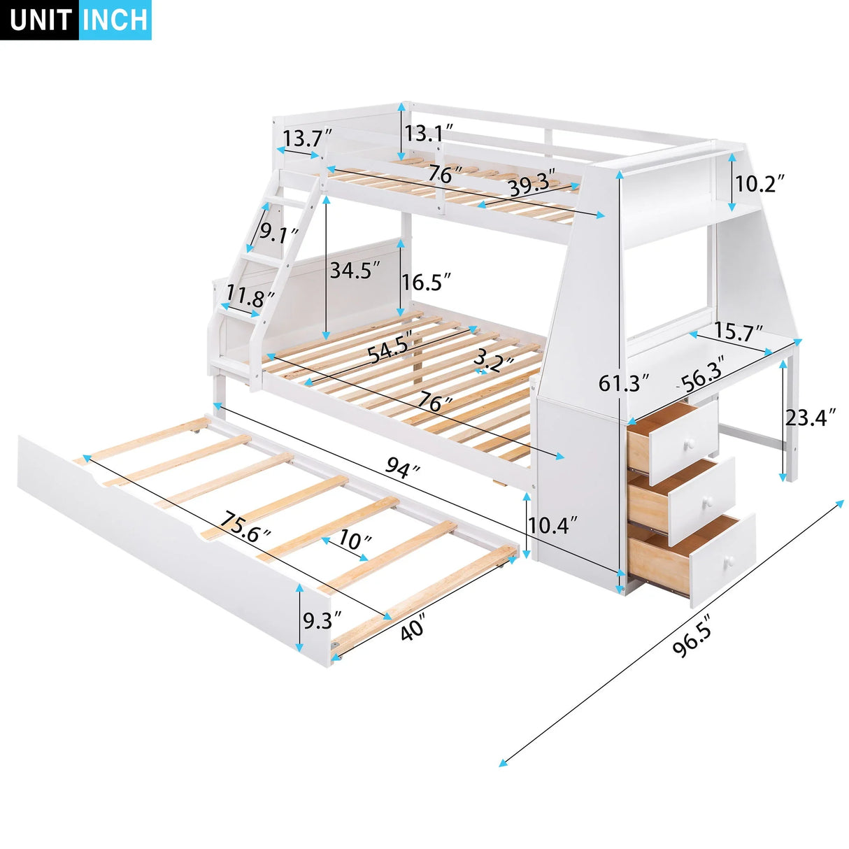Twin Over Full Bunk Bed With Trundle And Built-In Desk, Three Storage Drawers And Shelf - White - Furniture Home Direct