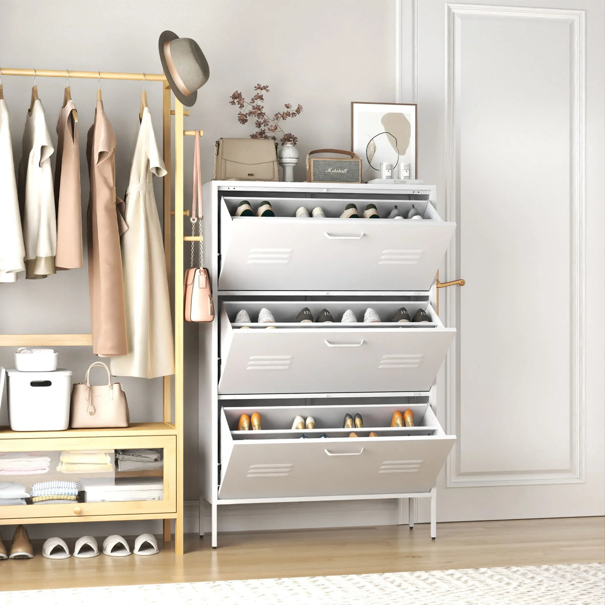 Modern Shoe Storage Cabinet With 3 Flip Drawers And Metal Frame For Entryway - Brushed Nickel - Furniture Home Direct
