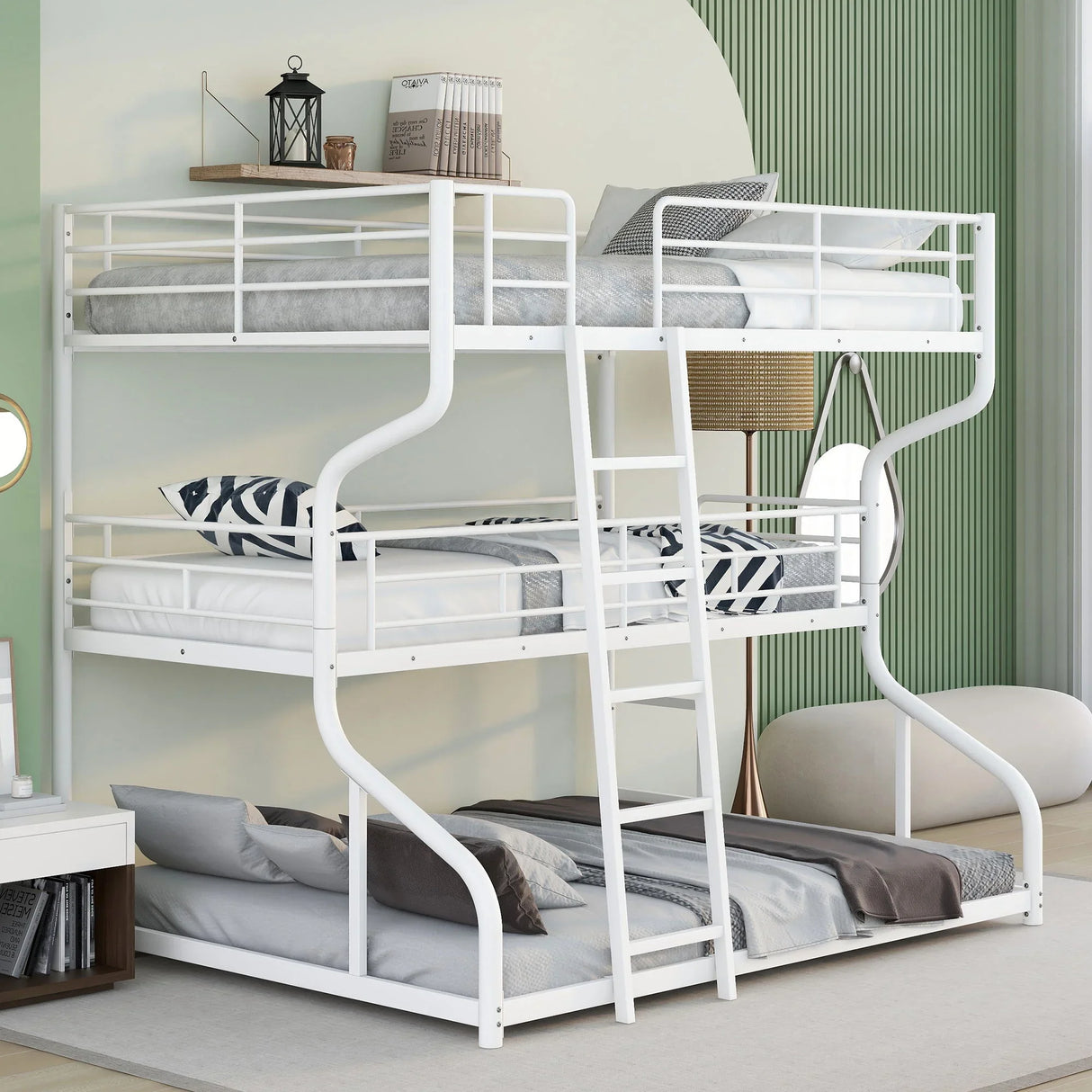 Full Long Over Twin Long Over Queen Size Triple Bunk Bed With Long And Short Ladder - White - Furniture Home Direct