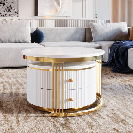 Nesting Coffee Tables With Drawers Round White And Gold - Furniture Home Direct