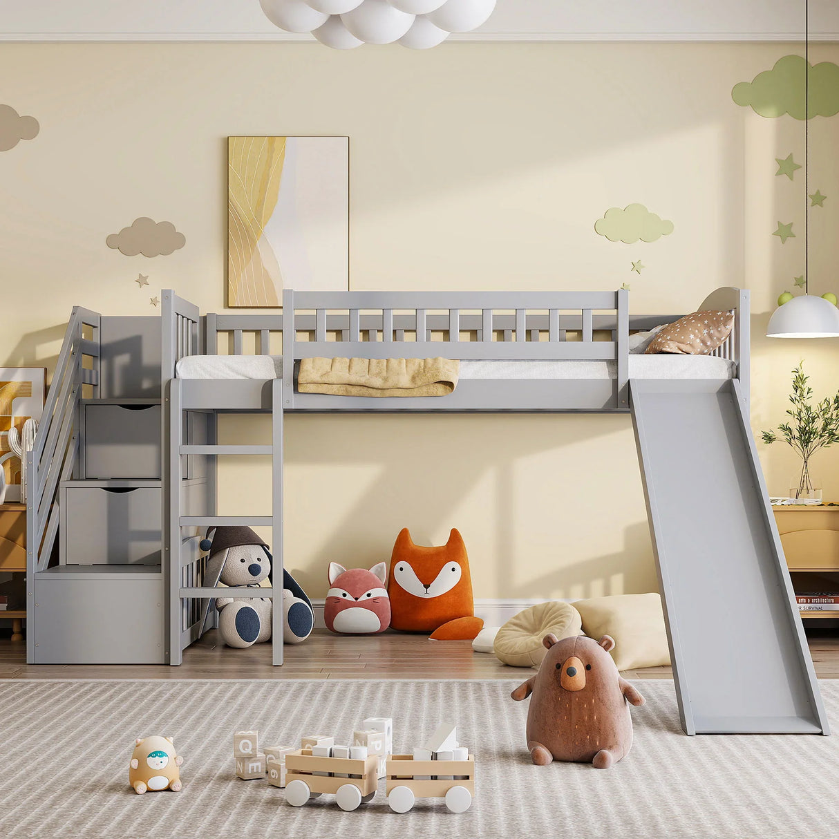 Loft Stairway Bed With 2 Drawers, Convertible Ladder And Slide - Furniture Home Direct