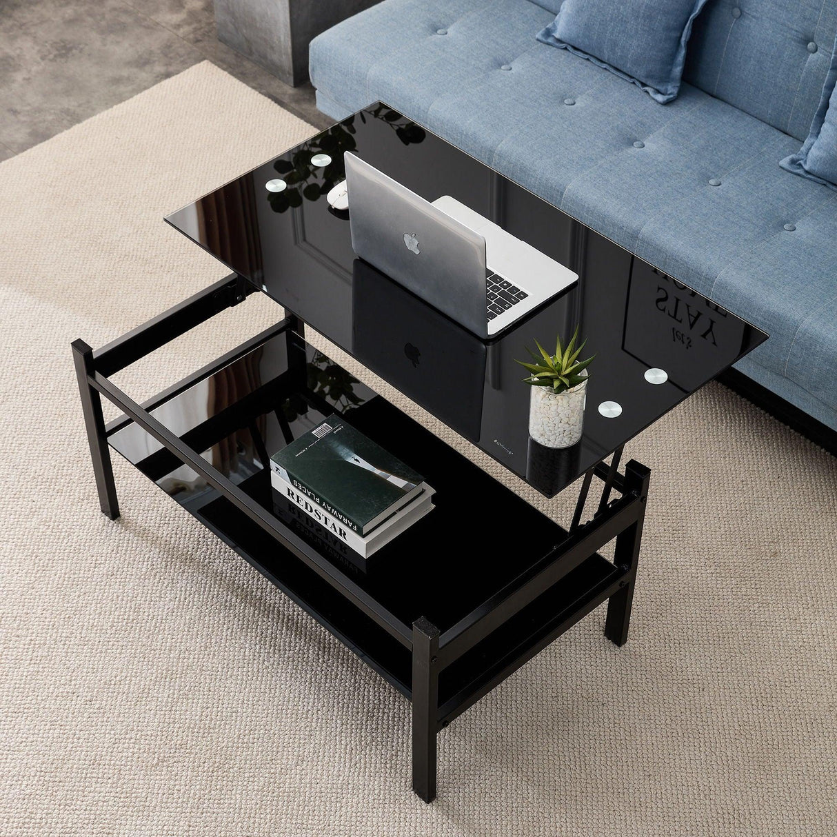 Glass Lift Top Coffee Table, Modern Simple 2-Layer Tempered Glass Coffee Table For Living Room - Black - Furniture Home Direct