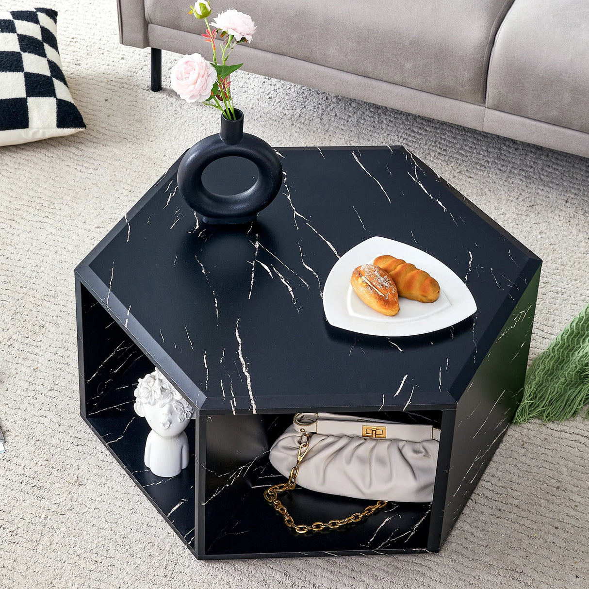 Coffee Table Hexagonal Textured Marble Look Accent Black - Furniture Home Direct