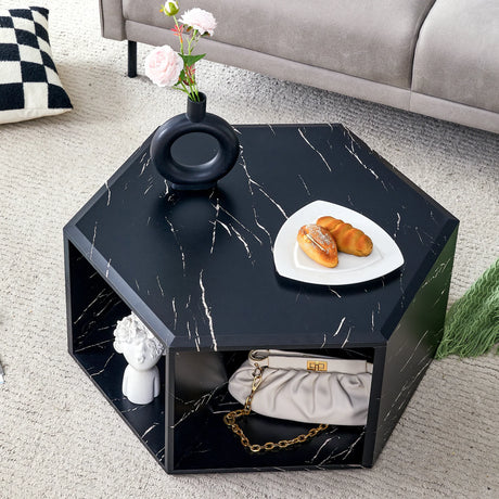 Coffee Table Hexagonal Textured Marble Look Accent Black - Furniture Home Direct