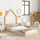 Twin House-Shaped Headboard Floor Bed With Handrails, Slats - Furniture Home Direct