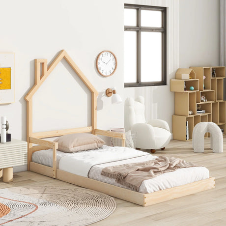 Twin House-Shaped Headboard Floor Bed With Handrails, Slats - Furniture Home Direct