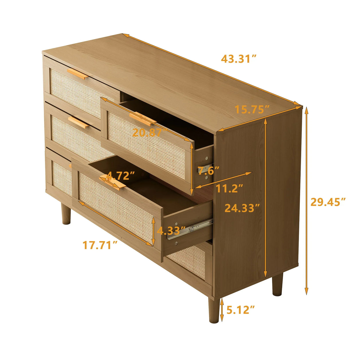 Modern Rattan Dresser With 6 Drawers For Bedroom And Living Room - Oak - Furniture Home Direct